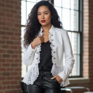 Baccini Chic White Open Front Romantic Military Style Steampunk Jacket